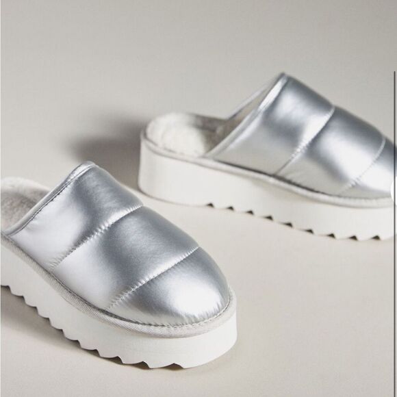 Anthropologie Maeve Silver puffy platform slide slippers - Picture 2 of 8
